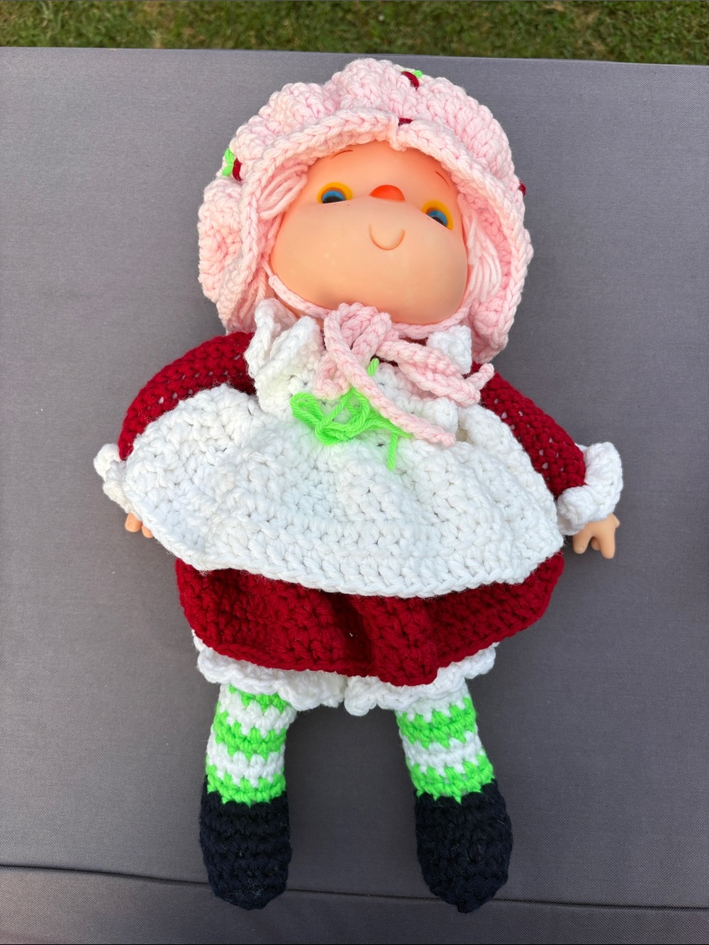 Plush Crochet Doll in Pink, Red & White with Green Accent - Kids Toy